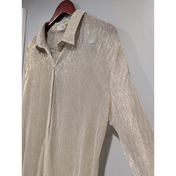 Good American Women Gold Metallic Long-Sleeved Sheer Button Up Tunic Blouse Sz 4 - Picture 6 of 16
